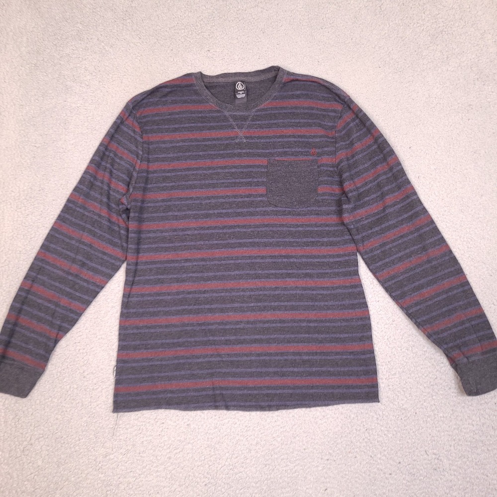 Volcom Abbub Thermal Mens Large Gray Striped Long Sleeve Pocket T-Shirt